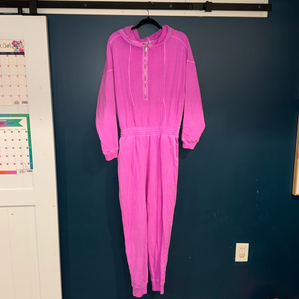 Zenana True Pink Jumpsuit with hood